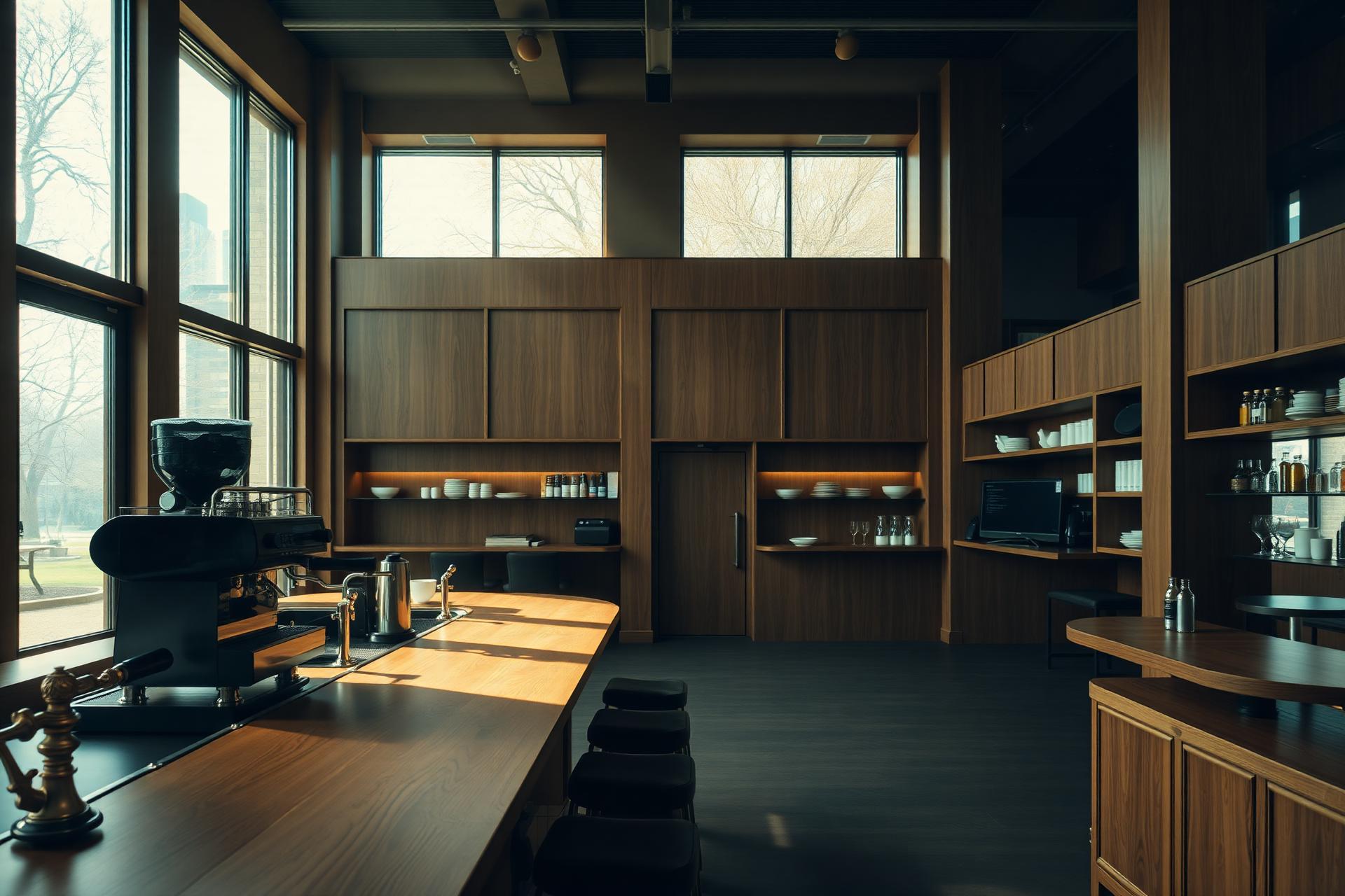 Premium cafe interior with warm oak and brass